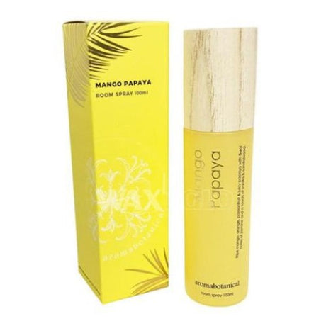 100ml Aromabotanicals Room Spray in Mango Papaya, featuring tropical scents and elegant frost glass with timber lid.
