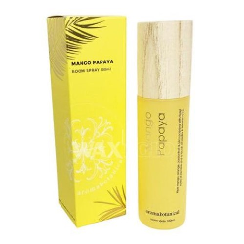 100ml Aromabotanicals Room Spray in Mango Papaya, featuring tropical scents and elegant frost glass with timber lid.