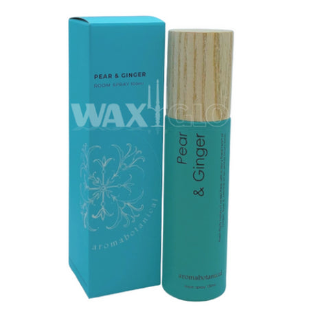 Aromabotanicals 100ml Room Spray in Pear & Ginger, featuring a frosted glass design and a refreshing fruity-spicy scent.