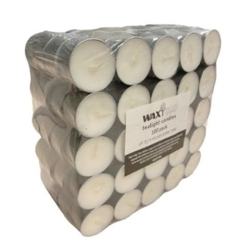 Waxglo 9hr Tealight Candles in a bag of 100, perfect for ambiance and heating scented oils, with long-lasting burn time.