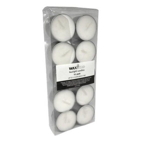 Pack of 10 Waxglo tealight candles, each with a 9-hour burn time, perfect for cozy ambiance and scent diffusion.