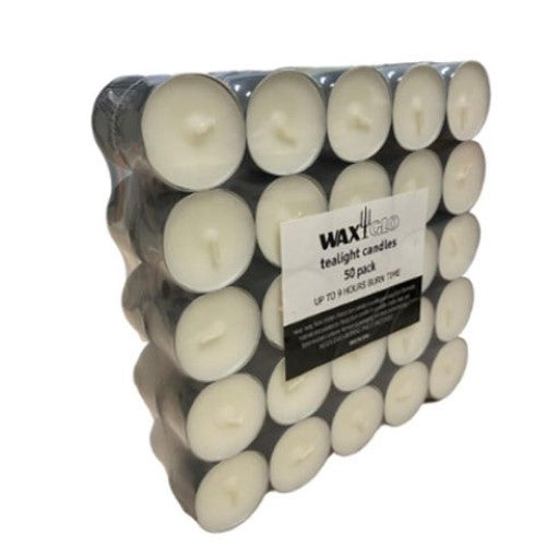 Bag of 50 Waxglo tealight candles, 9-hour burn time, ideal for ambiance and scent enhancement.