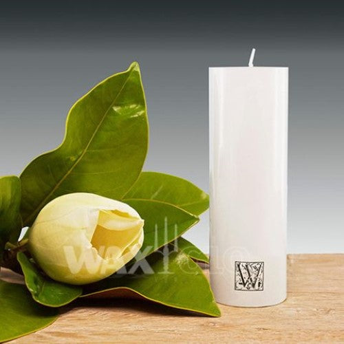 White Waxglo Candle, 50x150mm smooth finish cylinder, unscented, ideal for ambiance, with 30-hour burn time.