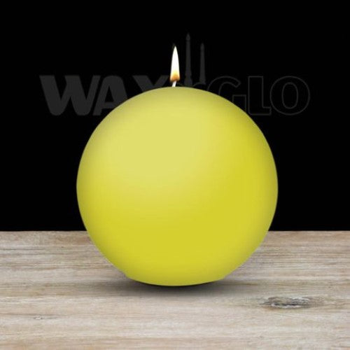 Vibrant yellow 100mm ball candle by Waxglo, adds elegance and warm ambiance for celebrations and home decor.