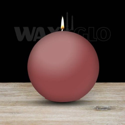 Rose-colored ball candle from Waxglo, 100mm diameter, with 45-hour burn time, perfect for elegant home décor and special occasions.