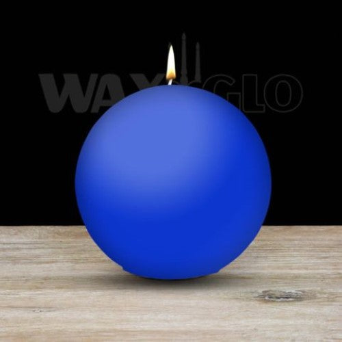 Blue spherical Waxglo candle, 100mm dia, enhances décor with 45 hrs burn time, perfect for creating a tranquil ambiance.