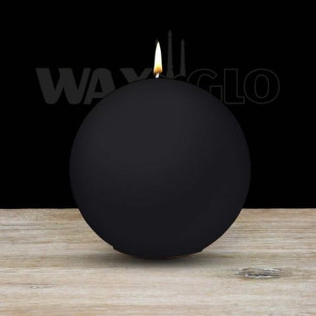 Elegant black ball candle by Waxglo, 100mm diameter, offers up to 45 hours of warm glow for stylish home décor.