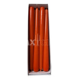 Vibrant orange Waxglo taper candle, 250mm unwrapped, perfect for creating warm, inviting atmospheres with 6 hours burn time.