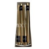 Metallic gold wrapped taper candle, 250mm, ideal for elegant dining and special occasions, box of 12, 6 hours burn time.