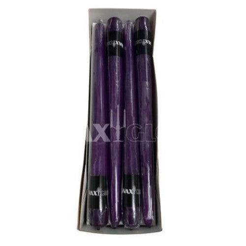 Violet Waxglo Taper Candle, 250mm, wrapped for elegance, perfect for dining and decor, 6-hour burn time, set of 12.