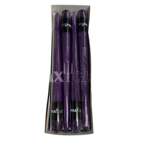 Violet Waxglo Taper Candle, 250mm, wrapped for elegance, perfect for dining and decor, 6-hour burn time, set of 12.