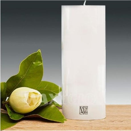 Smooth finish white cylinder candle by Waxglo, 100x250mm, unscented, ideal for elegant decor and events, 135-hour burn time.