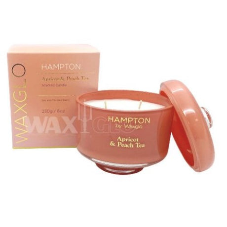 Waxglo Hampton 230g candle in apricot & peach tea, eco-friendly coconut soy, with 28-hour burn time in elegant glass jar.