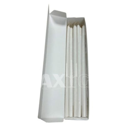 Elegant blue thin taper candles in a box of 25, each with 3 hours burn time, perfect for any celebration.