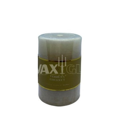 Waxglo scented candle in a 70x100mm cylinder, releasing a zesty Verbena Coconut aroma with citrus and floral notes.