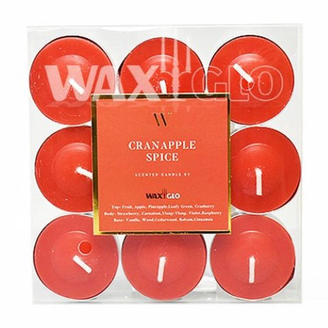 Waxglo Scented Tealights (9pk) in cranapple and spice, offering 4 hours of fragrant ambiance for cozy settings.