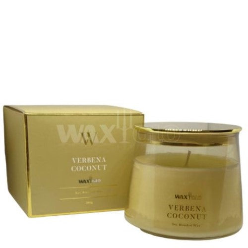 Waxglo Scented Candle in a colorful glass jar with gold lid, featuring verbena and coconut fragrance, 36-hour burn time.