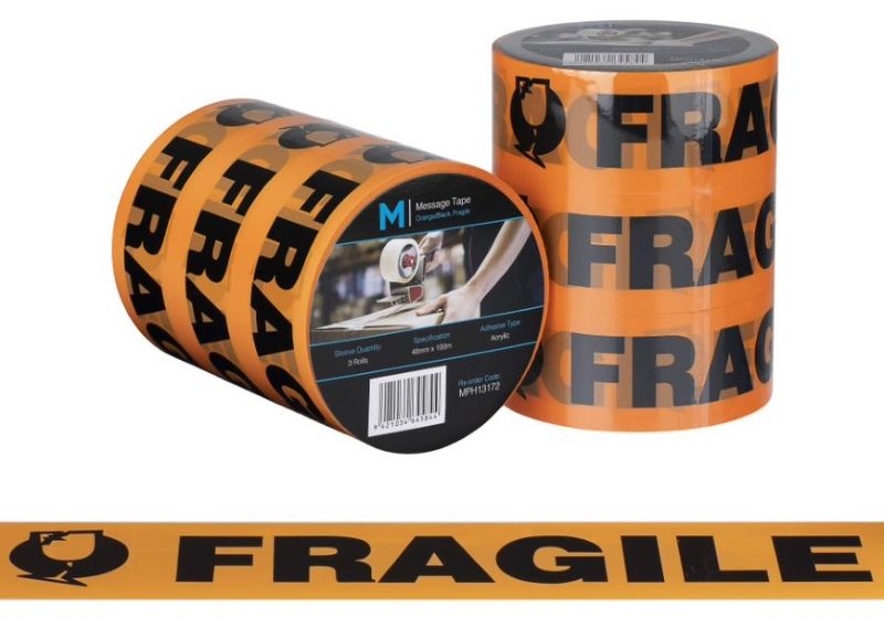 Message Tape Fragile - Orange/Black, 48mm x 100m x 50mu (Pack of 36)