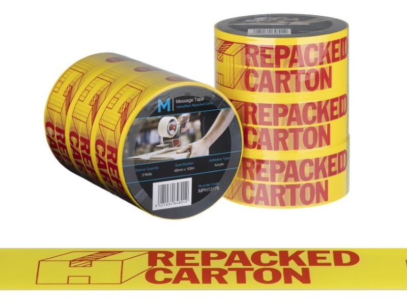 Message Tape Repacked Carton - Yellow/Red, 48mm x 100m x 50mu (Pack of 36)