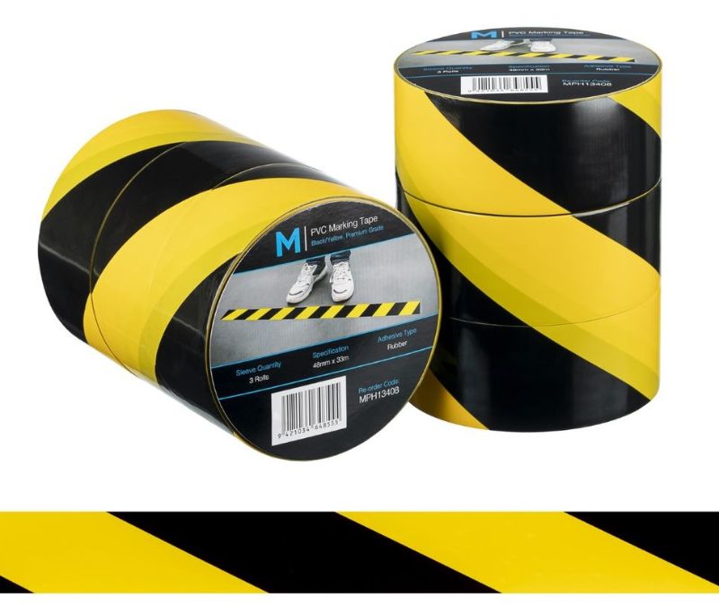 PVC Floor Marking Tape - Yellow/Black, 48mm x 33m x 150mu (Pack of 36)