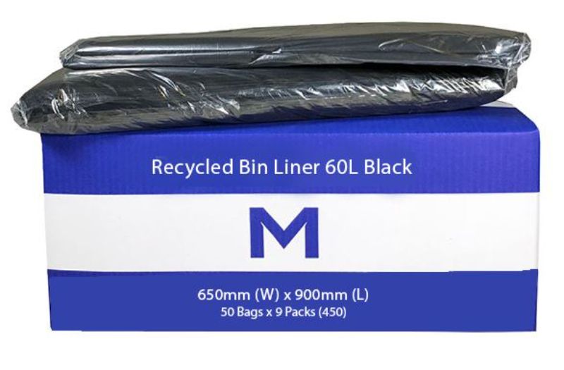 FP Recycled Bin Liner 60L - Black, 650mm x 900mm x 30mu (450)