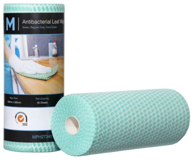 Antibacterial Leaf Wipes - Green, 300mm x 500mm, 90 Sheets, 50gsm (Pack of 4)