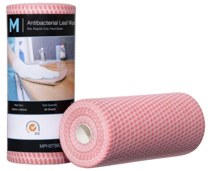 Antibacterial Leaf Wipes - Red, 300mm x 500mm, 90 Sheets, 50gsm (Pack of 4)