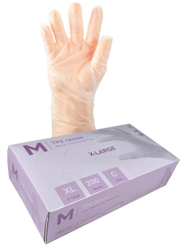 TPE Powder Free Gloves - Clear, XL, 240mm Cuff, 2.0g (Box of 2000)