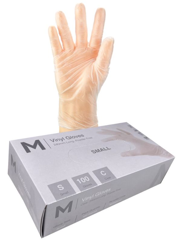 Vinyl Gloves Powder Free - Clear, S, 240mm Cuff, 5.0g (Box of 1000)