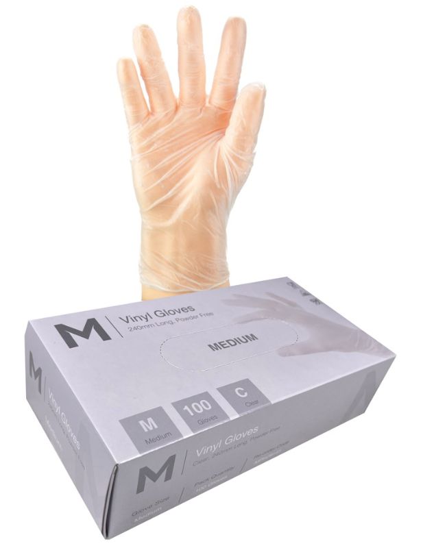Vinyl Gloves Powder Free - Clear, M, 240mm Cuff, 5.0g (Box of 1000)