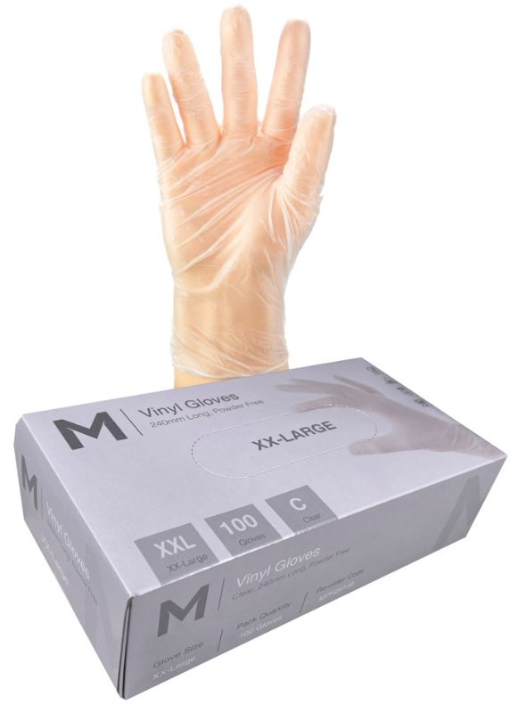 Vinyl Gloves Powder Free - Clear, 2XL, 240mm Cuff, 5.0g (Box of 1000)