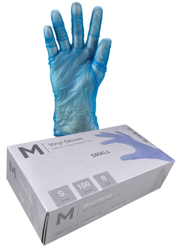 Vinyl Gloves Powder Free - Blue, S, 240mm Cuff, 5.0g (Box of 1000)