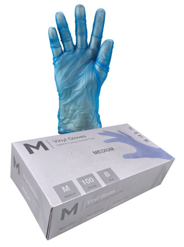 Vinyl Gloves Powder Free - Blue, M, 240mm Cuff, 5.0g (Box of 1000)