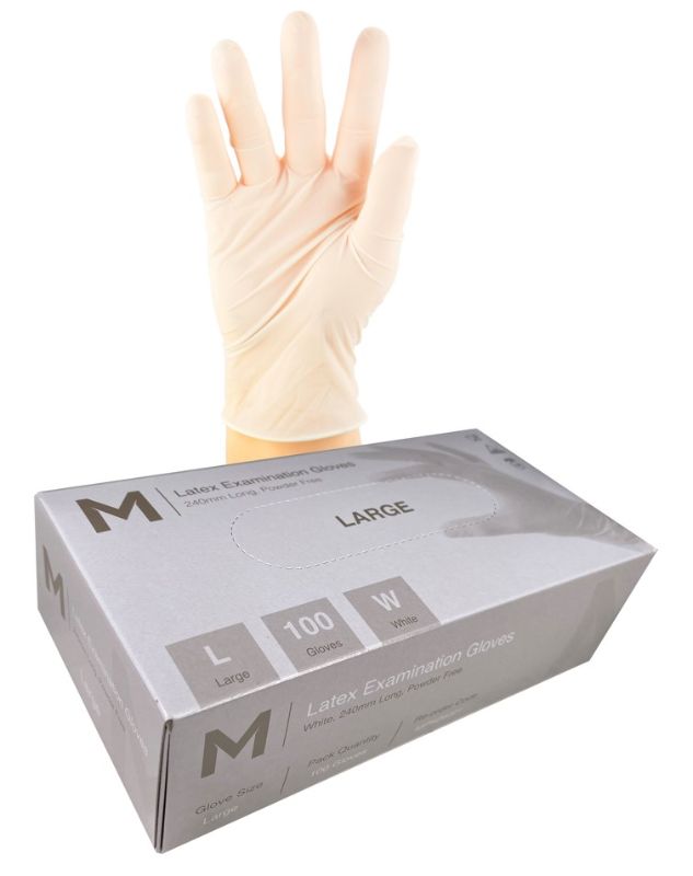 Latex Examination Gloves Powder Free - White, L, 240mm Cuff, 6.0g (Box of 1000)