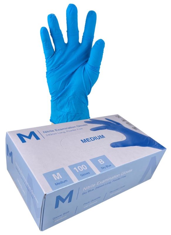 Nitrile Examination Gloves Powder Free - Blue, M, 240mm Cuff, 5.0g (Box of 1000)