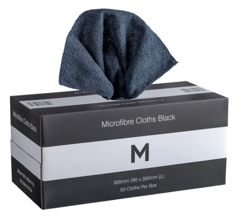 Dispenser Microfibre Cloths - Black, 300mm x 300mm, 185gsm (Pack of 50)