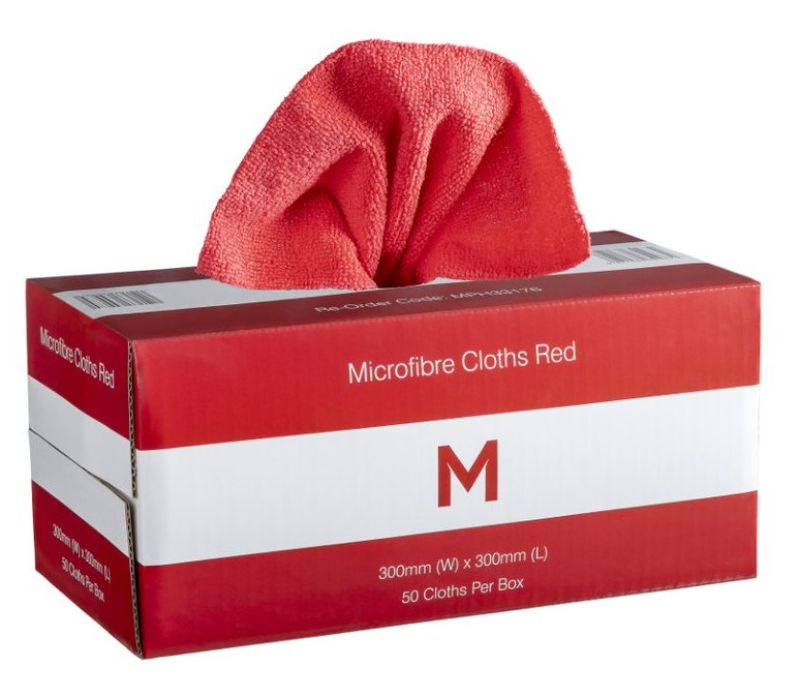 Dispenser Microfibre Cloths - Red, 300mm x 300mm, 185gsm (Pack of 50)