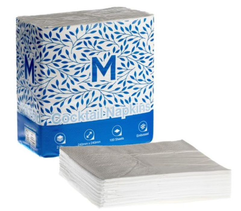 Cocktail Napkins 1/4 Fold - White, 240mm x 240mm, 2 Ply (Pack of 2000)