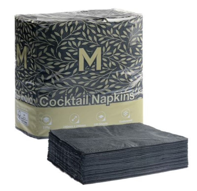 Cocktail Napkins 1/4 Fold - Black, 240mm x 240mm, 2 Ply (Pack of 2000)