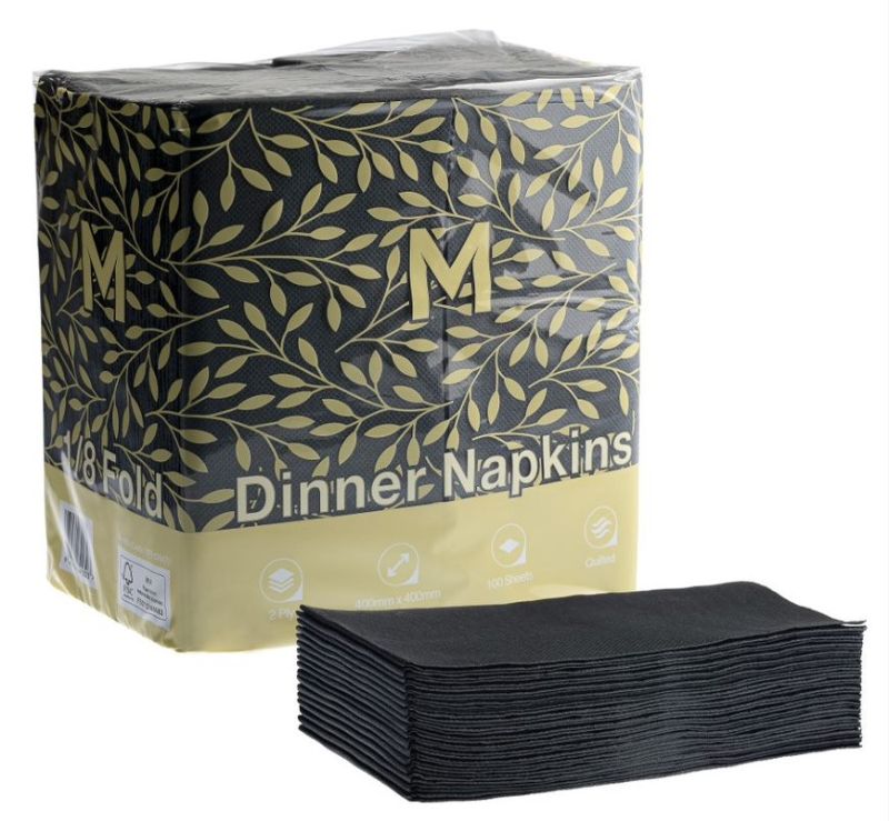 Quilted Dinner Napkins 1/8 Fold - Black, 400mm x 400mm, 2 Ply (Pack of 800)