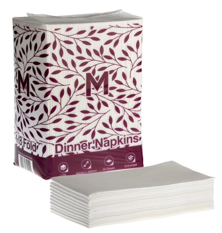 Linen Look Dinner Napkins 1/8 Fold - White, 400mm x 400mm, 1 Ply (Pack of 500)