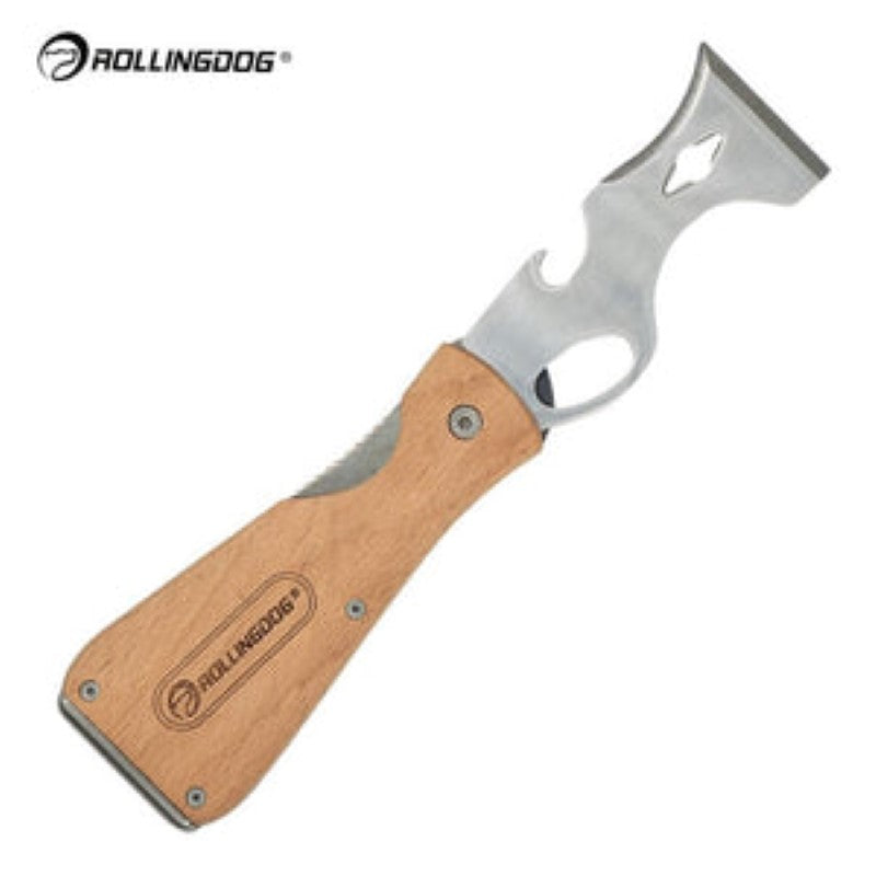Multifunctional folding tool with stainless steel blade, hammer end, and beech wood handle for painters and DIY enthusiasts.