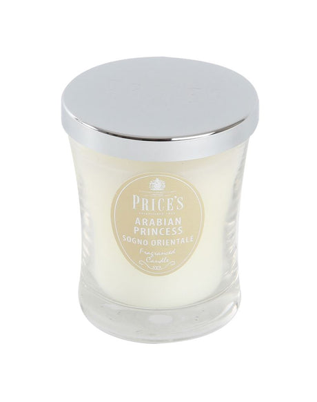 Prices Arabian Princess Medium Jar Candle, featuring silky amber and vanilla, with exotic spices for a warm ambiance.