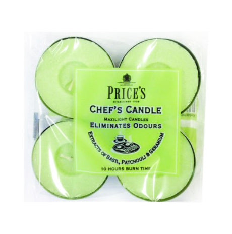 Prices Chef Fresh Air Maxi Tealight 4Pk features 10-hour burn time candles with basil, patchouli, and geranium fragrances.