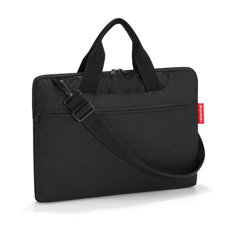 Stylish Reisenthel black netbook bag with padded compartment, external pockets, and adjustable shoulder strap for secure tech transport.