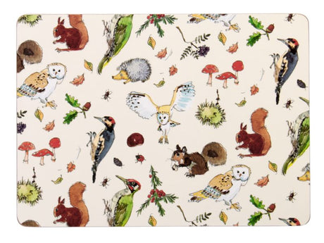 Set of 4 Ulster Weavers Woodland placemats featuring charming nature illustrations, 29cm, easy to clean and rustic design.