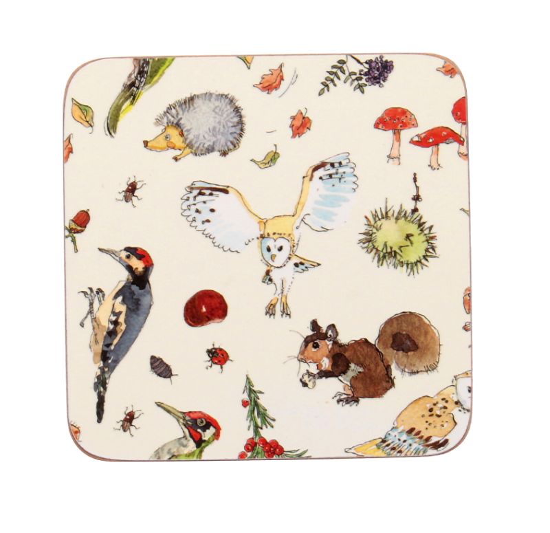 Set of 4 Ulster Weavers coasters featuring woodland illustrations, perfect for protecting surfaces with rustic charm.