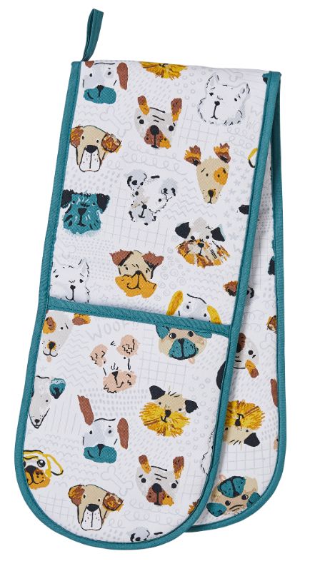 Double oven glove featuring whimsical Mutley Crew design, heat-resistant, soft lining, perfect for home cooks.