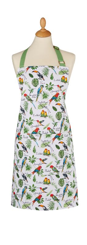 Colorful tropical bird patterned cotton apron with adjustable neck straps and spacious pockets for cooking and crafting.