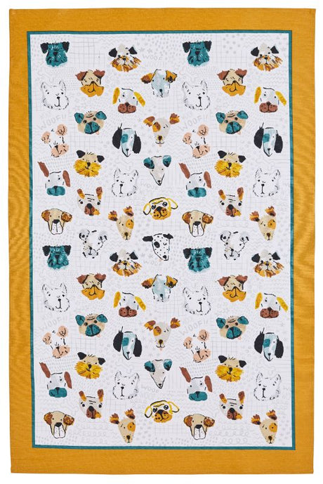 Ulster Weavers cotton tea towel featuring vibrant Mutley Crew design, ideal for drying dishes and kitchen decor.